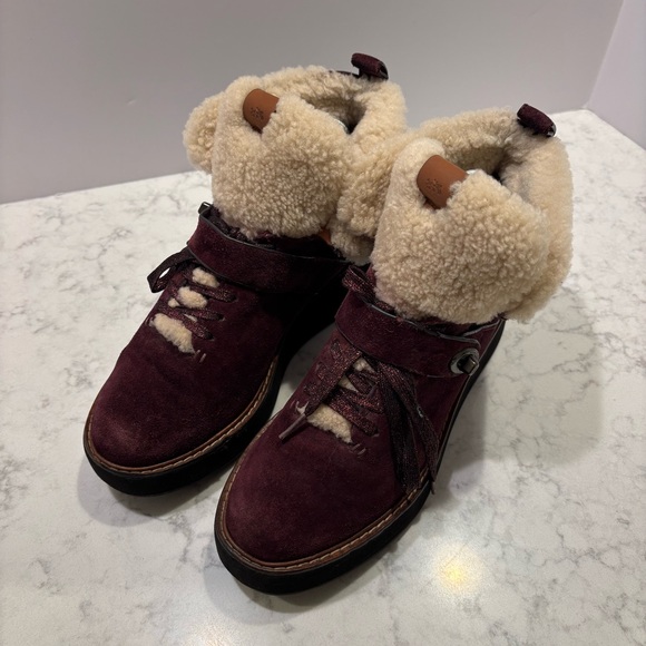 Coach Shearling Urban Hiker Boots Suede Burgundy Women’s size 8.5 - Picture 2 of 9